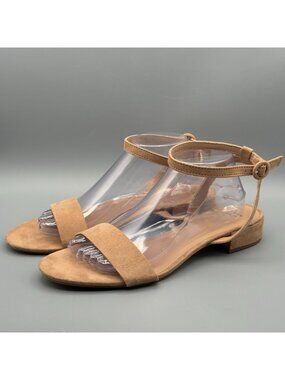 Tan Nude Strappy Low Block Heel Sandals Ankle Strap Buckle Size 10